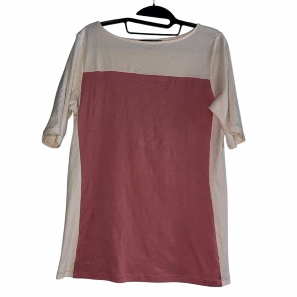 LAUREN Ralph Lauren Cream and Pink Rose Short Sleeve Tee Pullover Size L